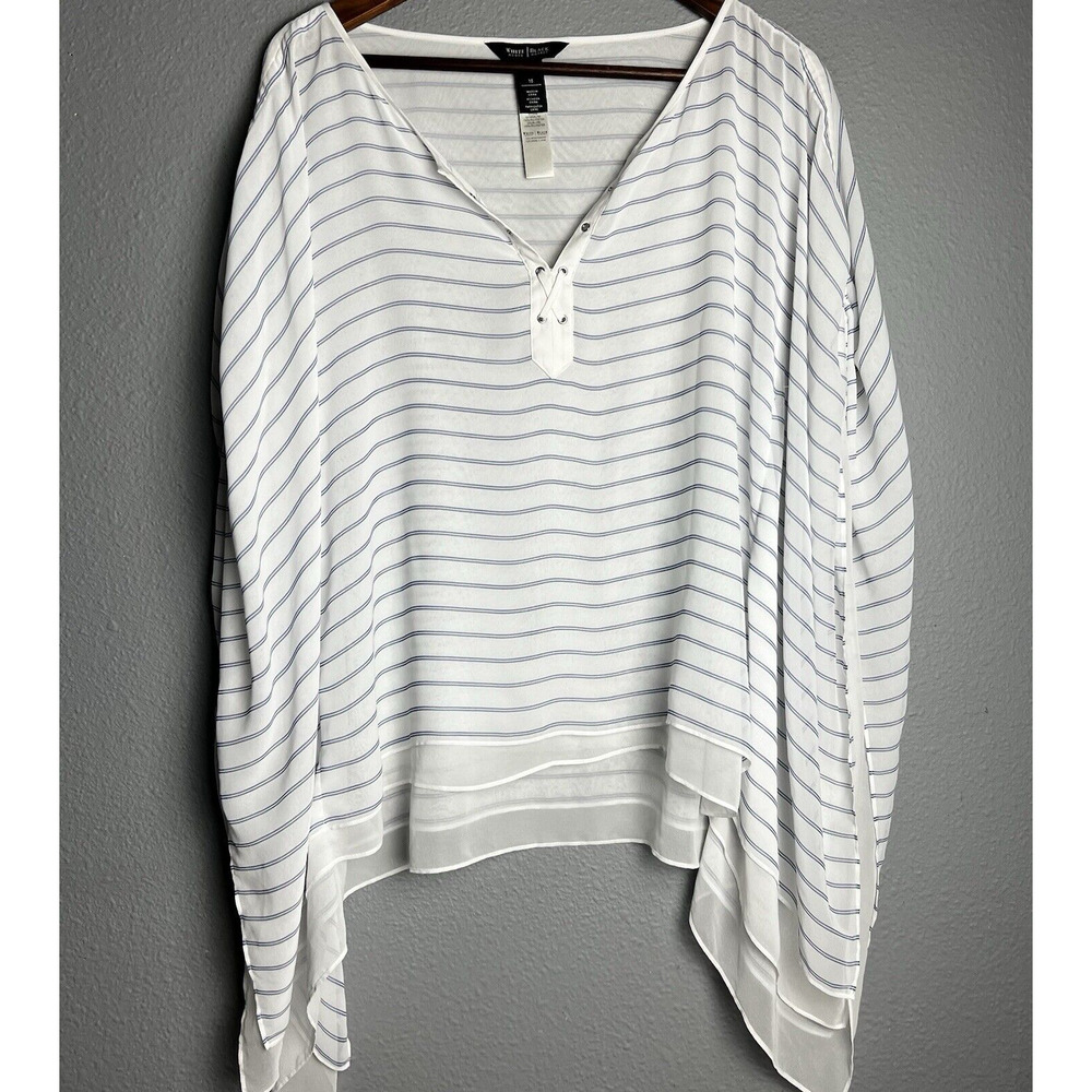 White House Blackโ Market Striped Kimono Shawl Blouse Size M White Blue Career